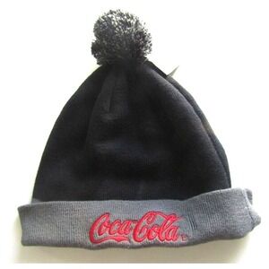 Coca Cola Knit Beanie Hat Black Gray Cuffed Pom‎ Winter Cap One Size